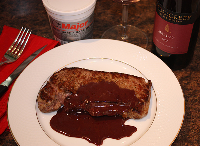 chef dezs new york strip steaks with merlot reduction