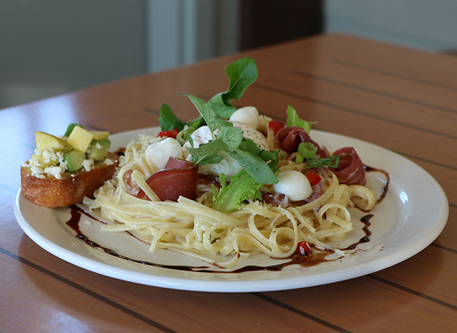 chef nicks linguine carbonara with avocado peach crostini