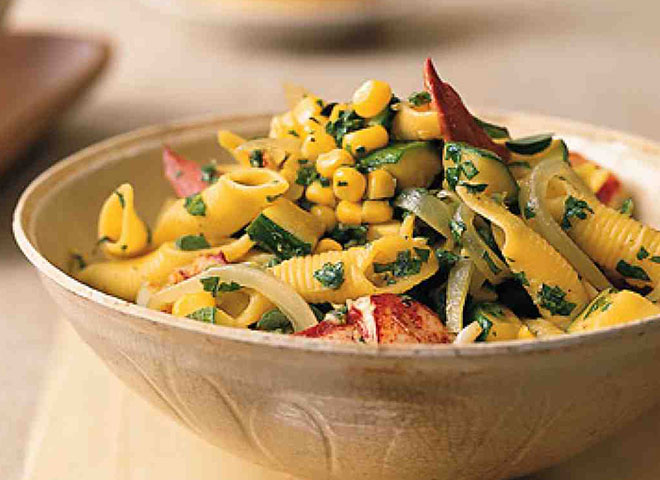 farm market penne with crisp pancetta zucchini and corn