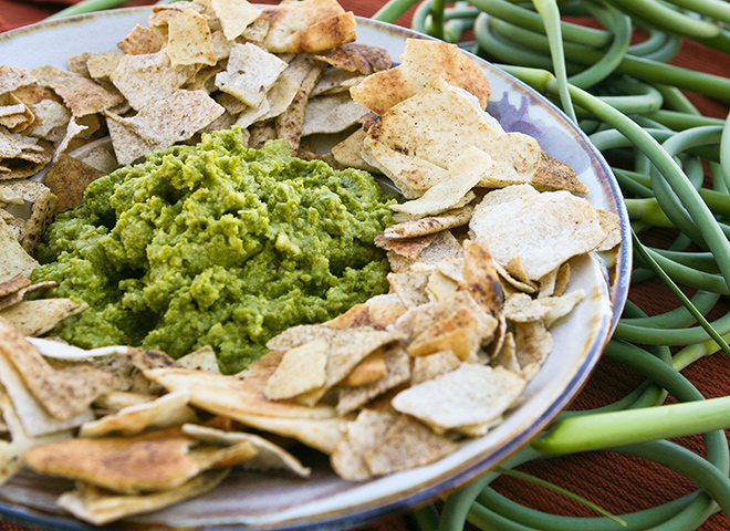garlic scape pesto hummus dip