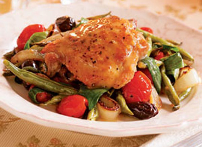 roasted chicken thighs with late summer vegetables and pan sauce