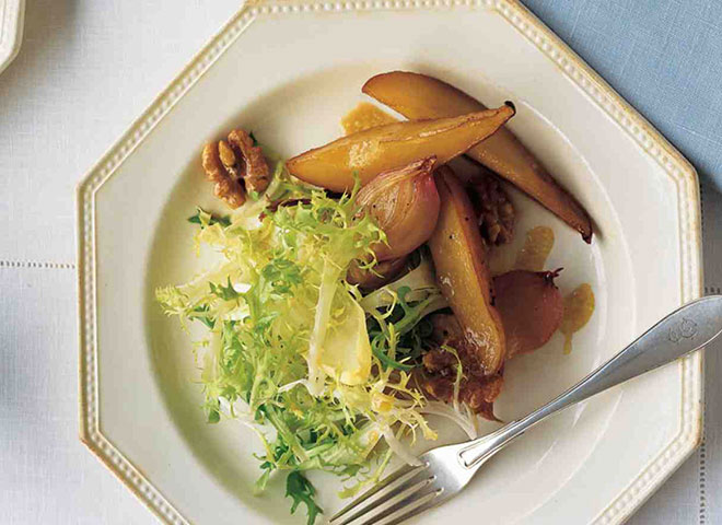 roasted pear and shallot salad