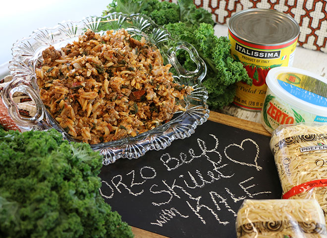 stephanies orzo beef skillet with kale