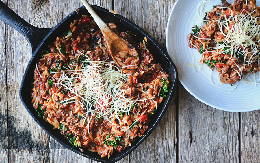 Stephanie's Orzo Beef Skillet with Kale Lepp Farm Market