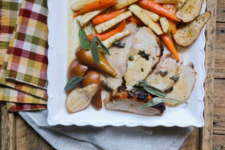 Glazed Pork Roast with Carrots, Parsnips & Pears