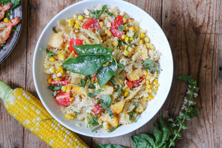 Corn and Peach Garden Pasta Salad