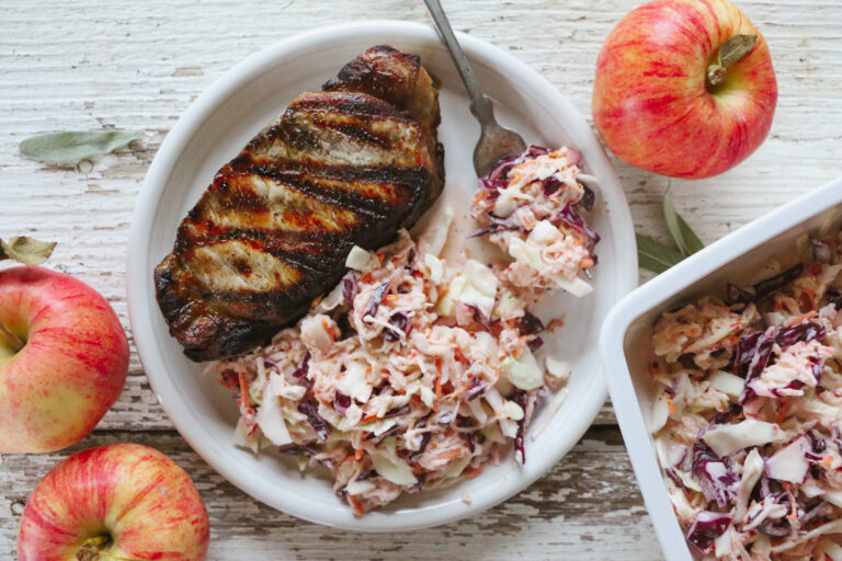 Grilled Pork Chops and Orchard Apple Slaw