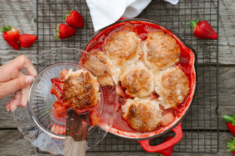 Strawberry Rhubarb Cobbler with Honey Butter Biscuits