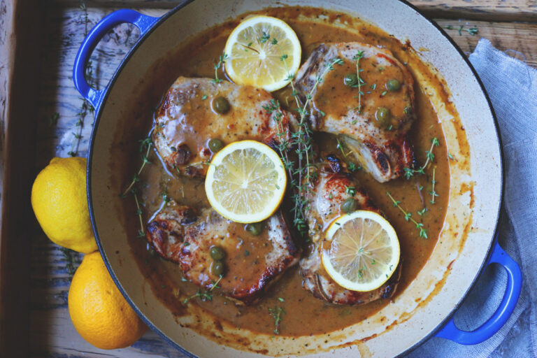 Buttermilk Brined Pork Chops with Lemon Caper Sauce