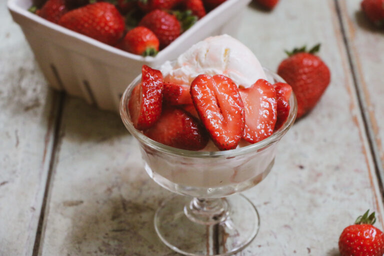 Wine Soaked Strawberries on Ice Cream