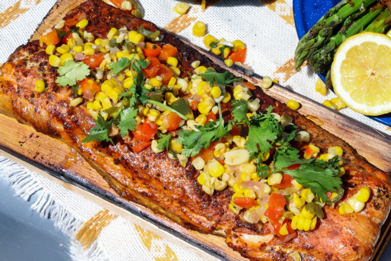 Cedar Plank Salmon with Grilled Red Pepper & Corn Hash