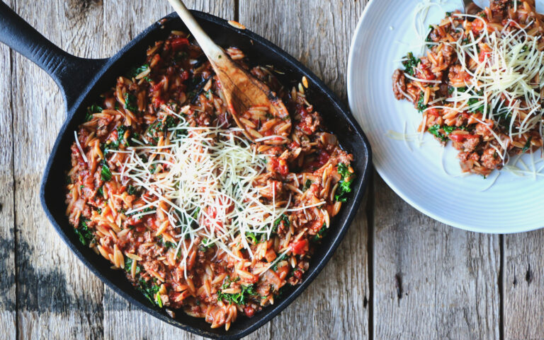 Stephanie’s Orzo Beef Skillet with Kale