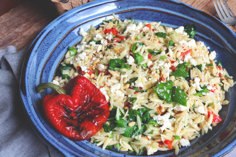 Orzo Salad with Roasted Red Peppers, Spinach, and Feta