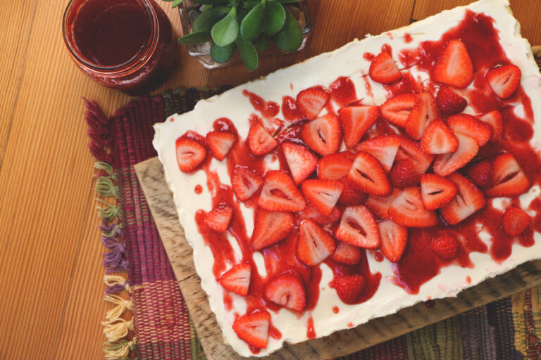 Cheesecake Bars with Simple Strawberry Vanilla Sauce