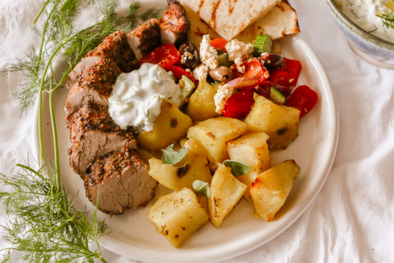 Pork Souvlaki with Greek Potatoes & Homemade Tzatziki