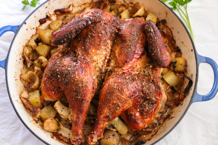 Spatchcock Chicken with Cabbage, Potatoes and Onions