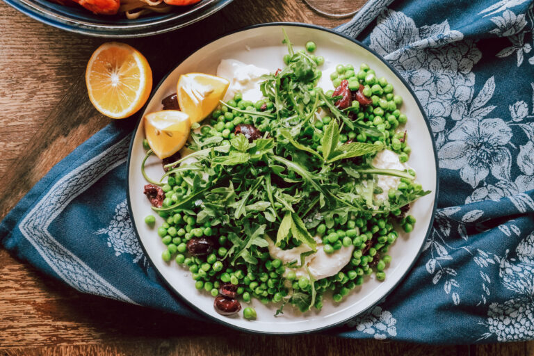 Crushed Peas with Burrata and Kalamata Olives